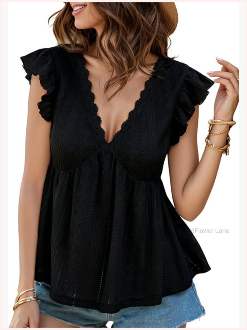 Peplum Eyelet V Neck Ruffle Sleeve Blouse Flowy Boho Summer Top